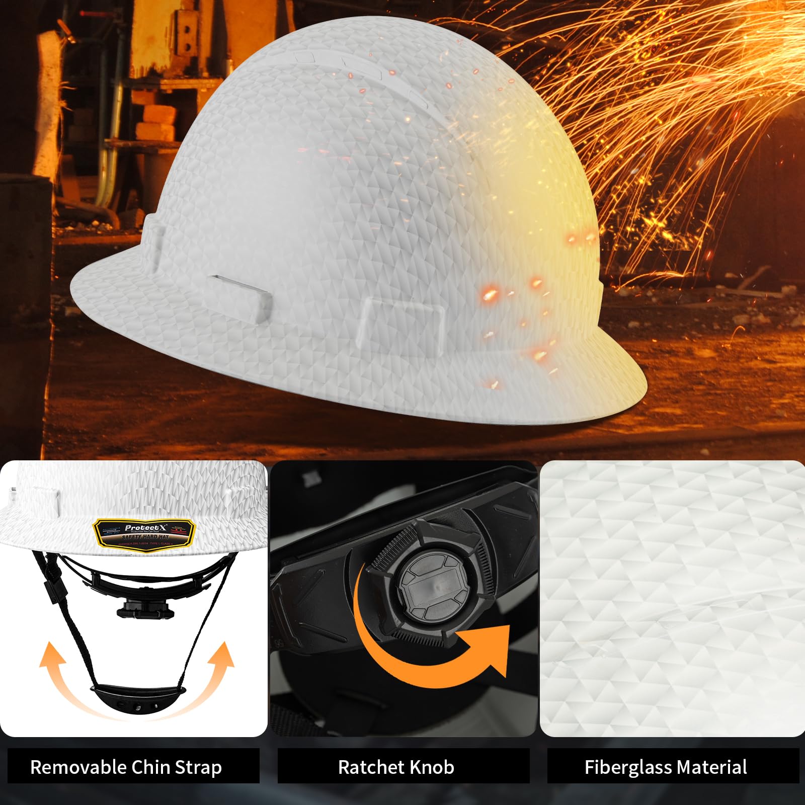 Pyramex White Full Brim Hard Hat - ANSI Class G Safety Helmet With Ratchet Suspension, HP24110 Model