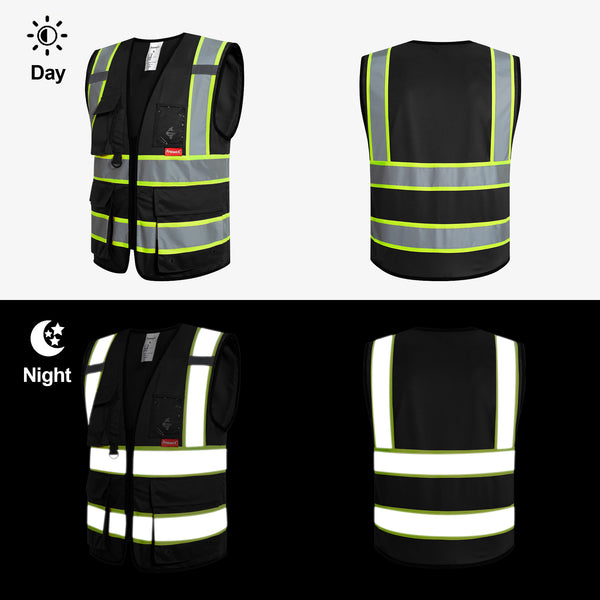 ProtectX 9 Pockets Black Safety Vest for Men Women High Visibility Reflective Vest for Construction Work