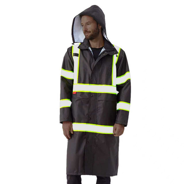 ProtectX High Visibility Black Waterproof Rain Coat for Men, Reflective One-piece Rain Jacket, Long Rain Suit, Hi Vis Safety Gear