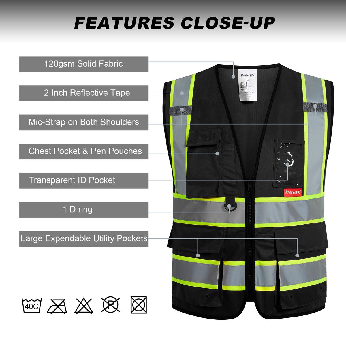 ProtectX 9 Pockets Black Safety Vest for Men Women High Visibility Ref