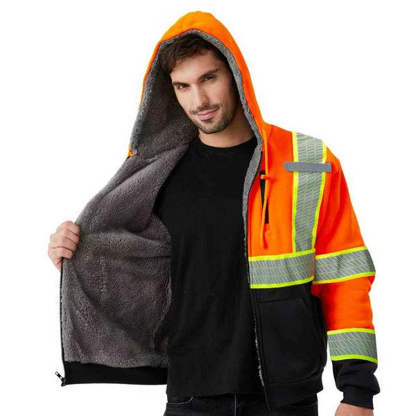 ProtectX Hi Vis Neon Orange Safety Hoodie for Men Women Fleece Lined Class 3 High Visibility Sweatshirt Reflective Jacket
