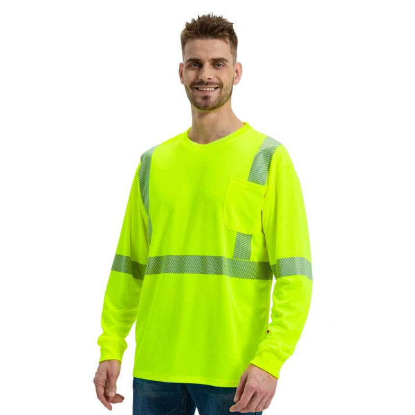 ProtectX Neon Green 2-pack High Vis Safety Shirts for Men, Long Sleeve Reflective Shirts, Class 3 Construction Shirts for Men Women