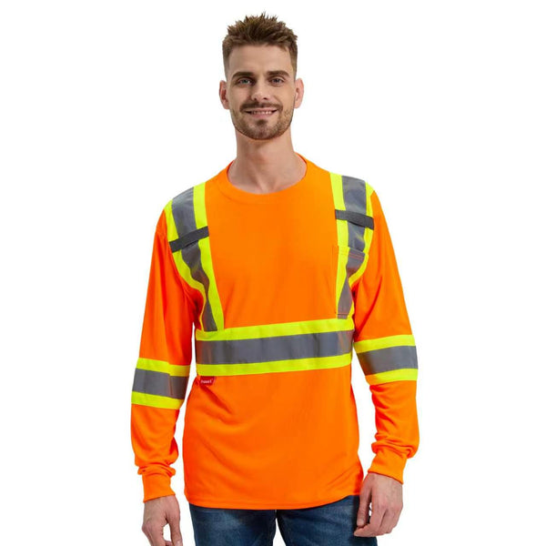 ProtectX Orange High Visibility Safety Shirt, Quick Dry Breathable Reflective Construction Work Long Sleeve Shirts, Class 2 Type R