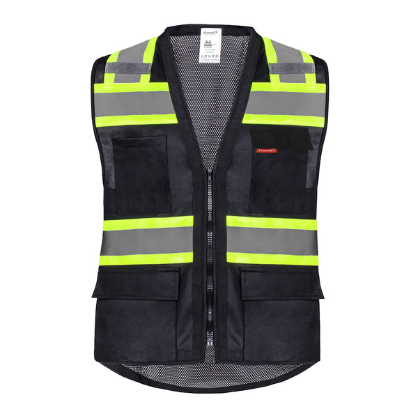 ProtectX Safety Vest Black Hi-Visibility Vest Solid Front Mesh Back with 6 Pockets