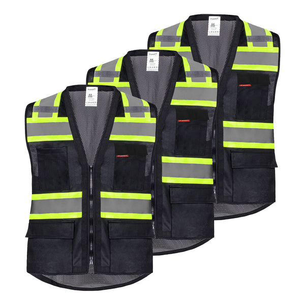 ProtectX Safety Vest Black Hi-Visibility Vest Solid Front Mesh Back with 6 Pockets