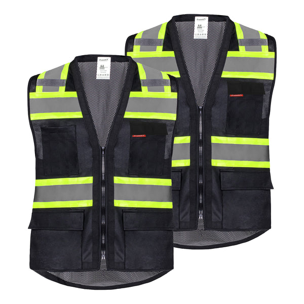 ProtectX Safety Vest Black Hi-Visibility Vest Solid Front Mesh Back with 6 Pockets