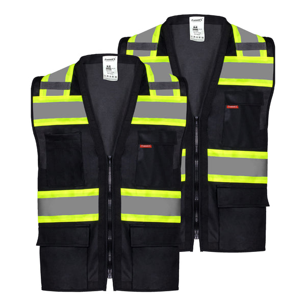 ProtectX Safety Vest Black Hi-Visibility Vest All Solid Fabric with 6 Pockets