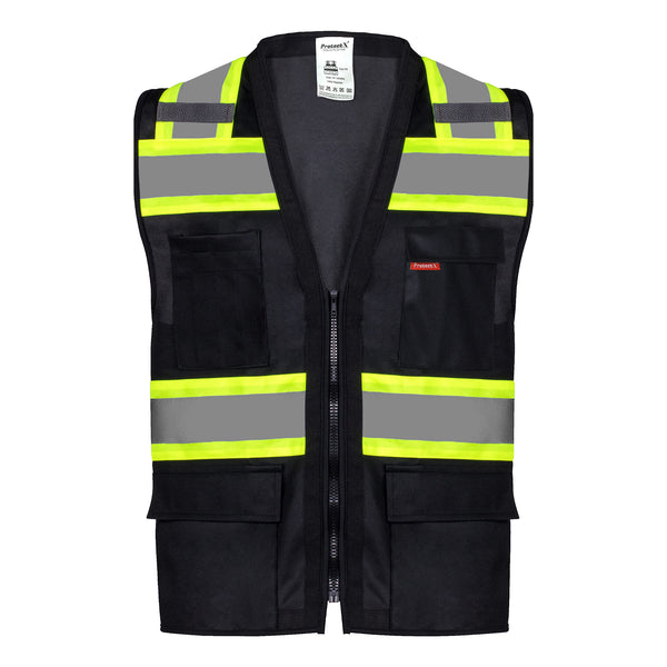 ProtectX Safety Vest Black Hi-Visibility Vest All Solid Fabric with 6 Pockets