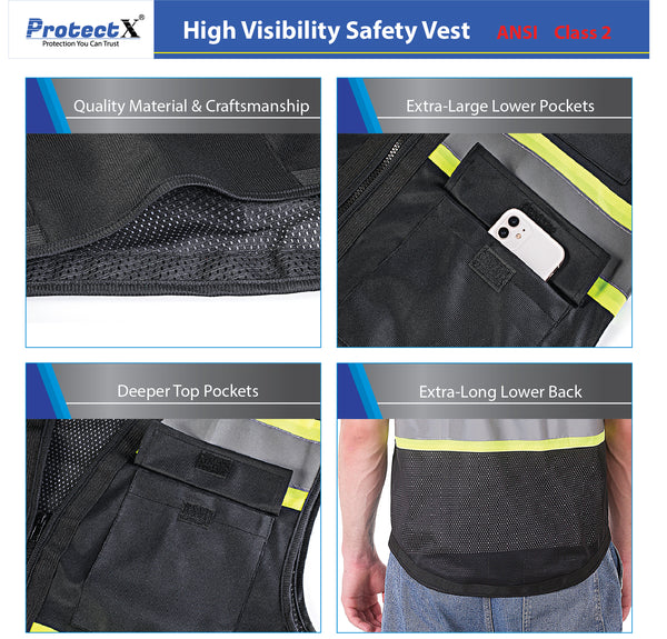 ProtectX Safety Vest Black Hi-Visibility Vest Solid Front Mesh Back with 6 Pockets