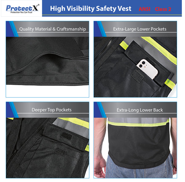 ProtectX Safety Vest Black Hi-Visibility Vest All Solid Fabric with 6 Pockets