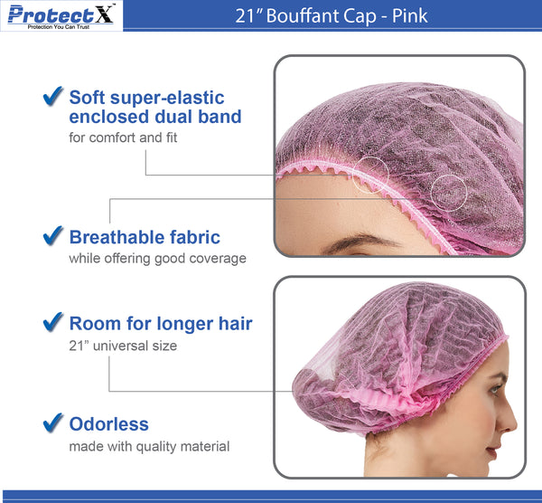 Disposable Bouffant Cap (Hair Net) 21" - Pink - AZAC Group