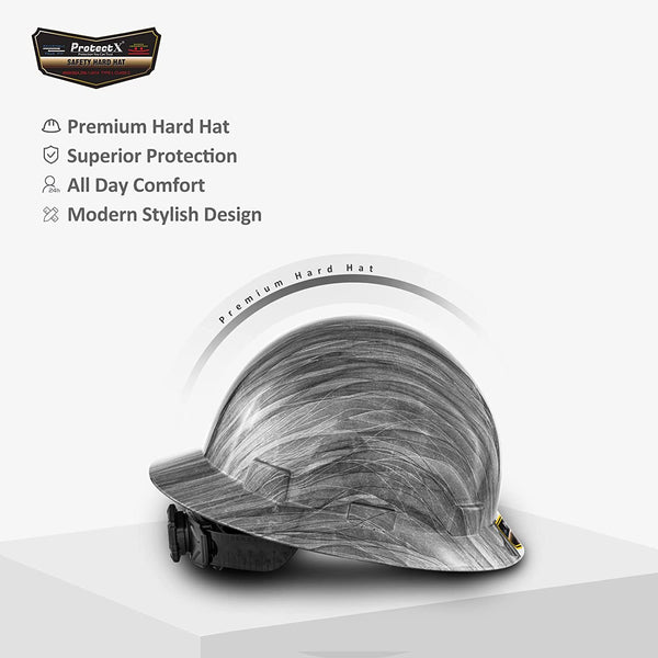 ProtectX Premium Granite Print Full Brim Hard Hat, Cascos De Construccion for Safety, 6-Point Adjustable Ratchet Suspension, OSHA/ANSI Compliant