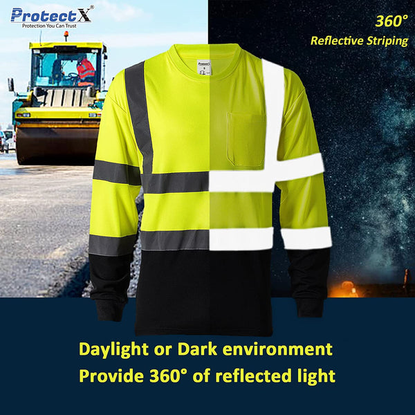 ProtectX Reflective High Visibility Shirt Neon Green Heavy-Duty Long Sleeve Safety T-Shirt Type R Class 2