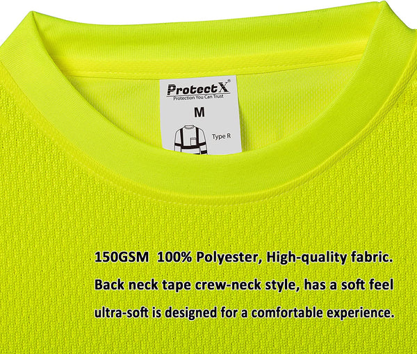 ProtectX Reflective High Visibility Shirt Neon Green Heavy-Duty Long Sleeve Safety T-Shirt Type R Class 2